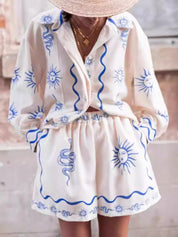 Cream and blue sun print Daverri pajama set with ruffles