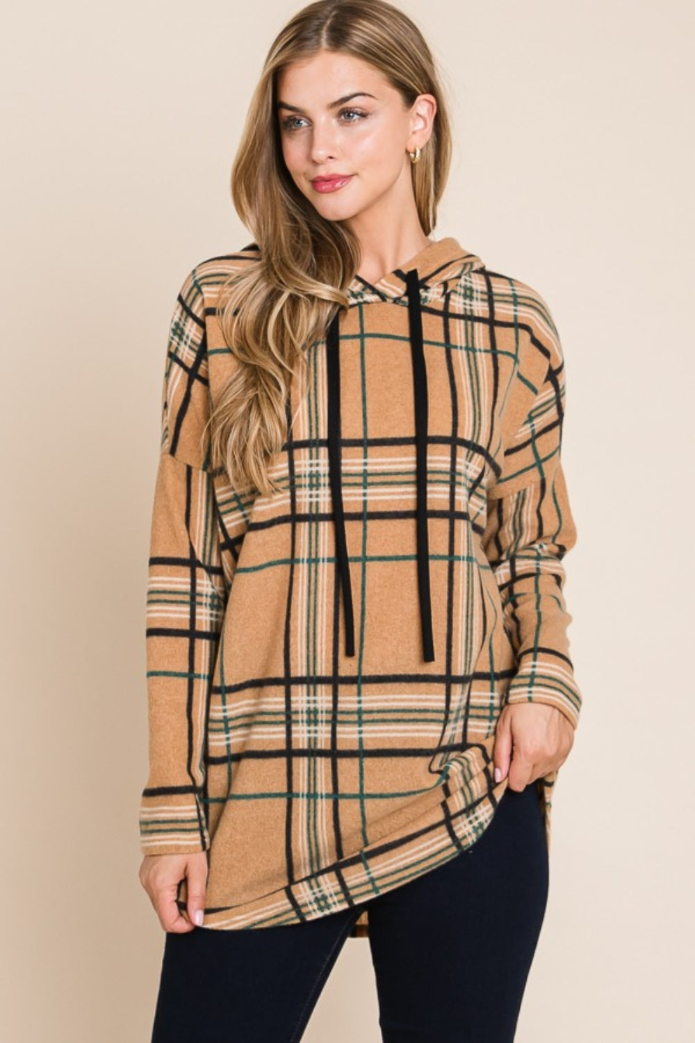 BOMBOM Drawstring Plaid Long Sleeve Hoodie Tops