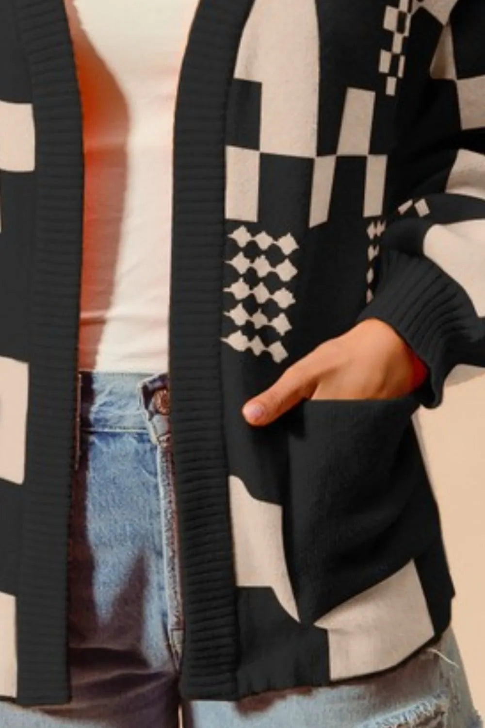 SO ME Checkered Open Front Cardigan with Pockets Cardigans