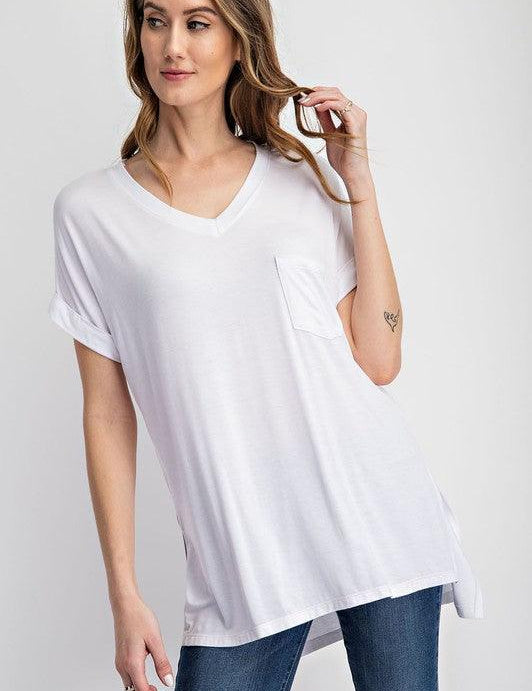 V Neck Basic High-Low Hem Top White Shirts & Tops