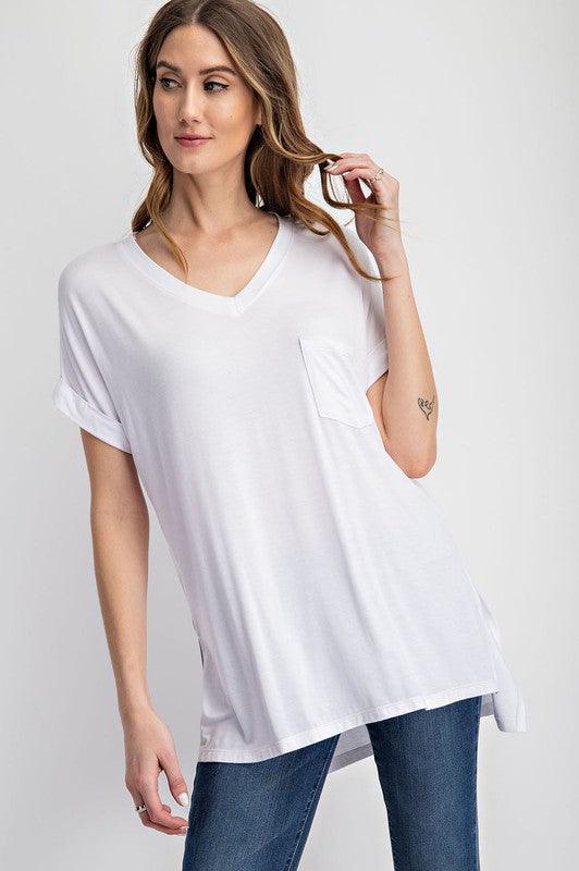 V Neck Basic High-Low Hem Top White Shirts & Tops