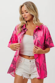BiBi Leopard Print Short Sleeve Silky Satin Shirt Top | Tops Daverri Fashions