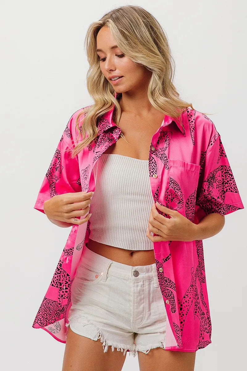 BiBi Leopard Print Short Sleeve Silky Satin Shirt Top Shirts