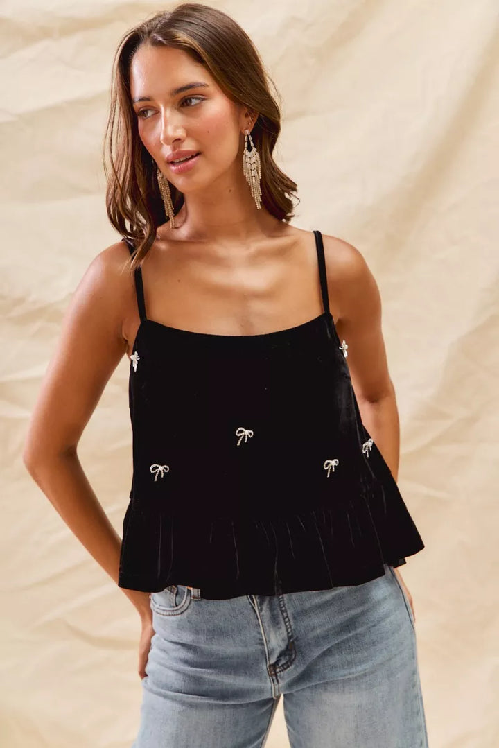 SO ME Holiday Velvet Ribbon Rhinestone Christmas Top | Tops Daverri Fashions
