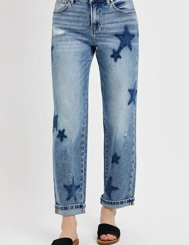 MEDIUM RISEN Full Size Mid Rise Boyfriend Star Shadow Detail Cuffed Jeans | Jeans Daverri Fashions