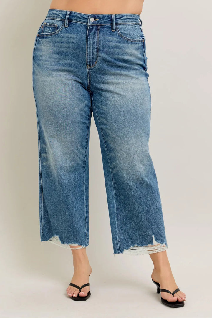 Judy Blue Plus Size High Waist Rigid Magic Destroy Hem Crop Wide Jeans