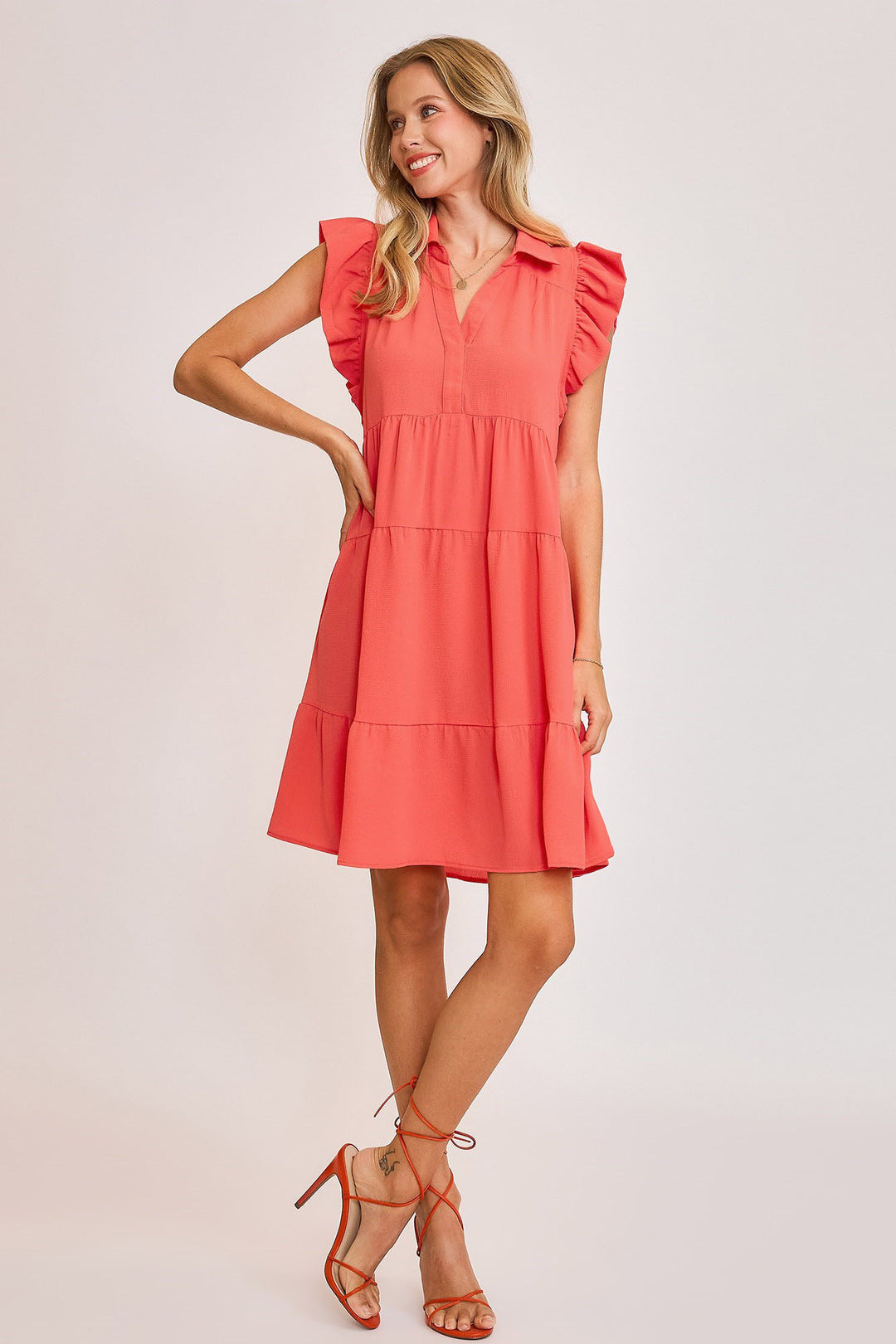 Umgee Johnny Collar Ruffle Cap Sleeve Tiered Dress Knee Length Dresses