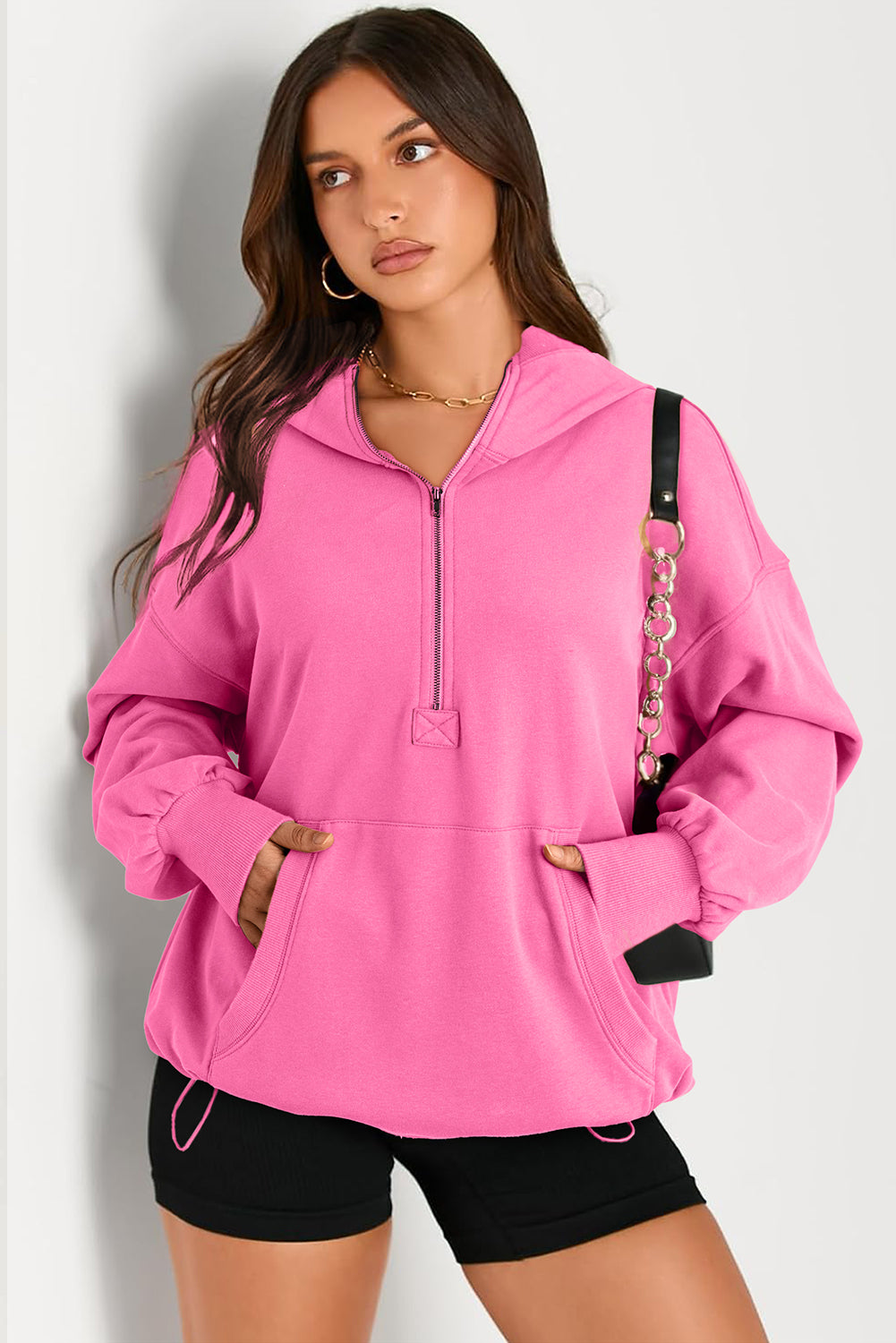 Pocketed Half Zip Long Sleeve Hoodie Tops