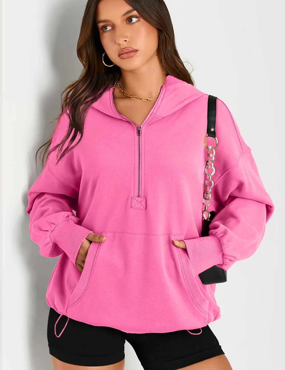 Pocketed Half Zip Long Sleeve Hoodie | Hoodies Daverri Fashions