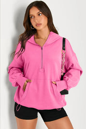 Pocketed Half Zip Long Sleeve Hoodie | Hoodies Daverri Fashions