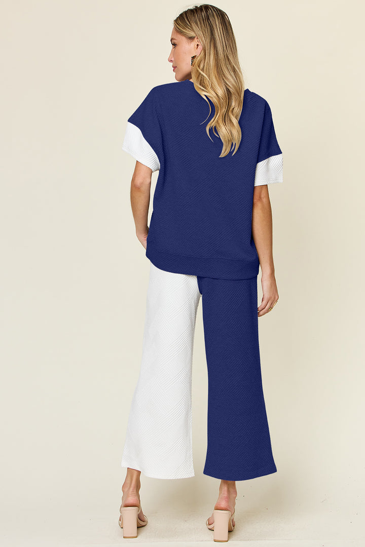 Double Take Full Size Texture Contrast T-Shirt and Wide Leg Pants Set Outfit Sets