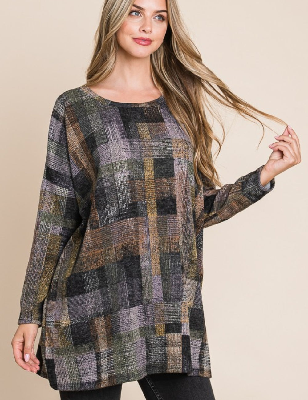 Multi BOMBOM Plaid Round Neck Long Sleeve Top | Tops Daverri Fashions