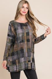 Multi BOMBOM Plaid Round Neck Long Sleeve Top | Tops Daverri Fashions