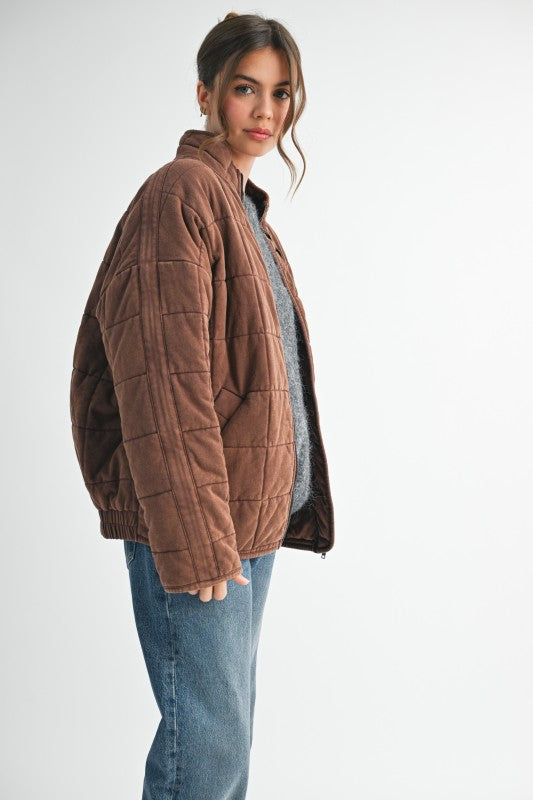 Brown quilted velvet Dixie Jacket with classic collar and elastic cuffs