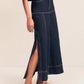 High-Waist Side Slit Contrast Stitch Denim Maxi Skirt - DAVERRI FASHIONS