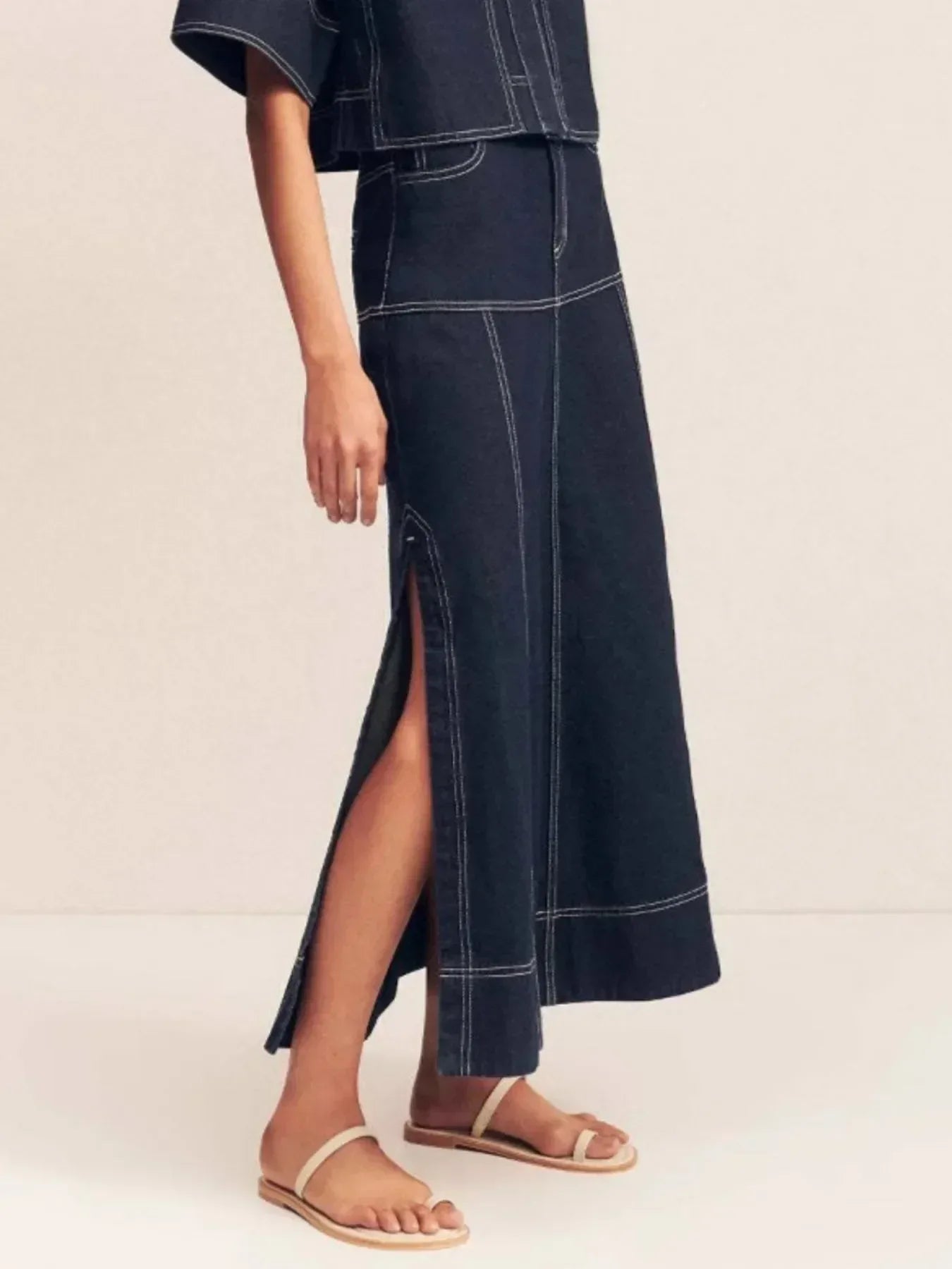 High-Waist Side Slit Contrast Stitch Denim Maxi Skirt - DAVERRI FASHIONS