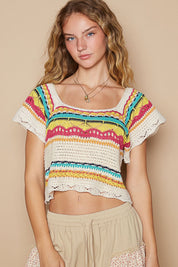 POL Openwork Ethnic Pattern Square Neck Cropped Knit Top Cream