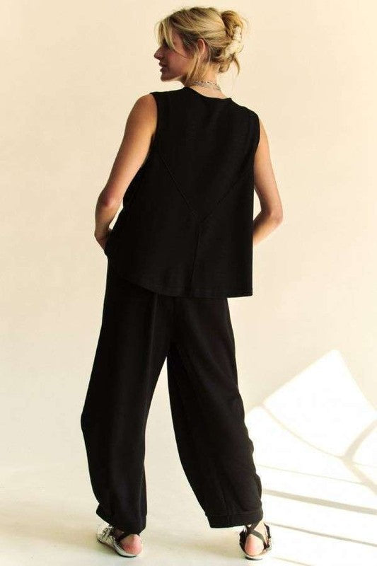 Black Drawstring Hem Round Neck Tank and Pants Set Outfit Sets