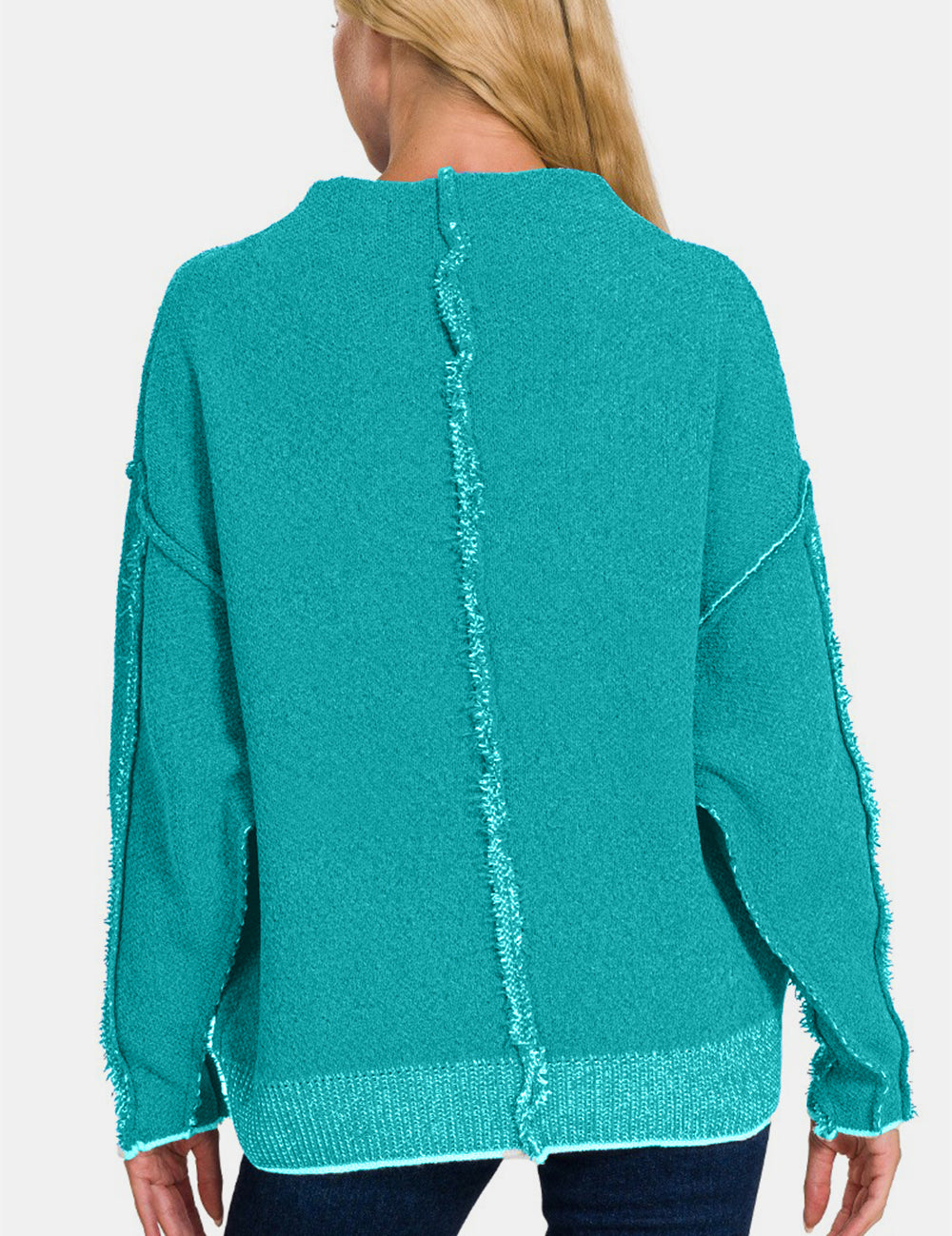 Exposed Seam Long Sleeve Teal Mock Sweater Tops