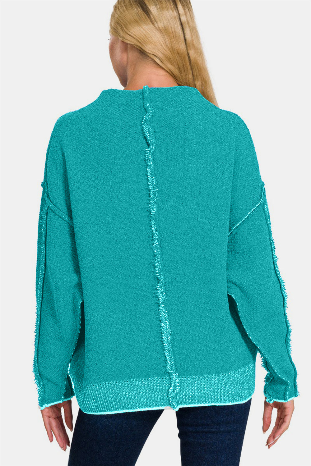 Exposed Seam Long Sleeve Teal Mock Sweater Sweaters