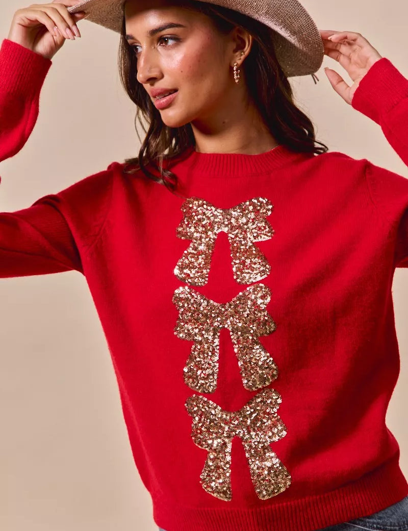 SO ME Sequins Bow Ribbon Embellished Christmas Sweater | Daverri Fashions