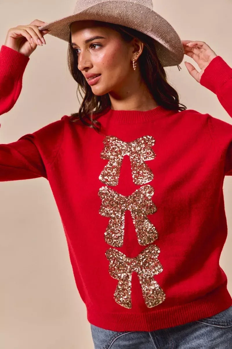 SO ME Sequins Bow Ribbon Embellished Christmas Sweater - DAVERRI FASHIONS