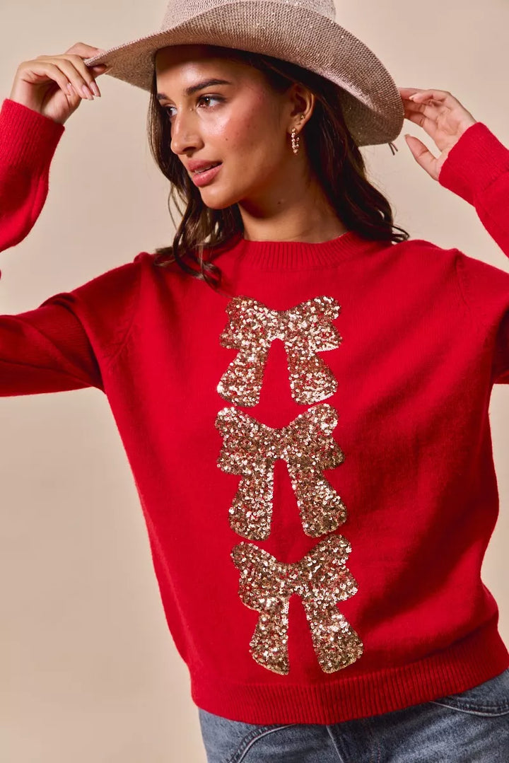 SO ME Sequins Bow Ribbon Embellished Christmas Sweater | Daverri Fashions