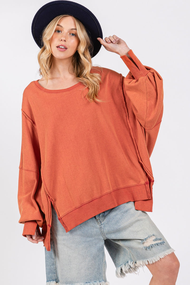 SAGE + FIG Mineral Wash Side Slit Oversized Sweatshirt Amber