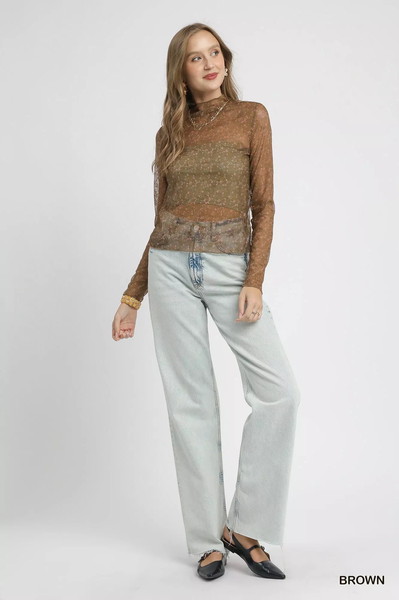Umgee Nylon Lace Mesh Long Sleeve Top | Tops Daverri Fashions