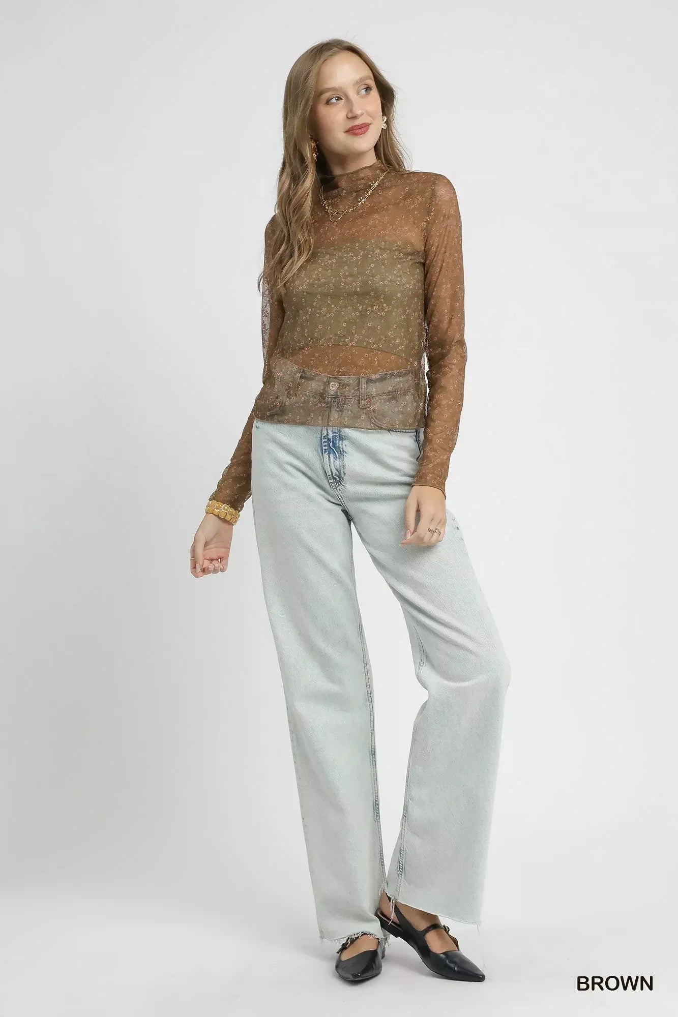 Umgee Nylon Lace Mesh Long Sleeve Top - DAVERRI FASHIONS