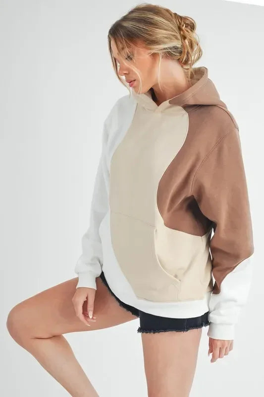 Aemi + Co Color Block Hoodie with Kangaroo Pocket - DAVERRI FASHIONS