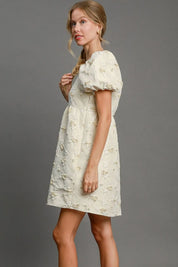 Umgee Heart Jacquard Square Neck Puff Sleeve Mini Dress Cream | Mini Dresses Daverri Fashions