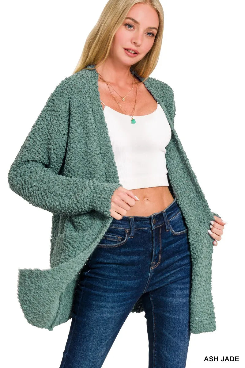 Zenana Long Sleeve Popcorn Sweater Cardigan with Pockets Cardigans