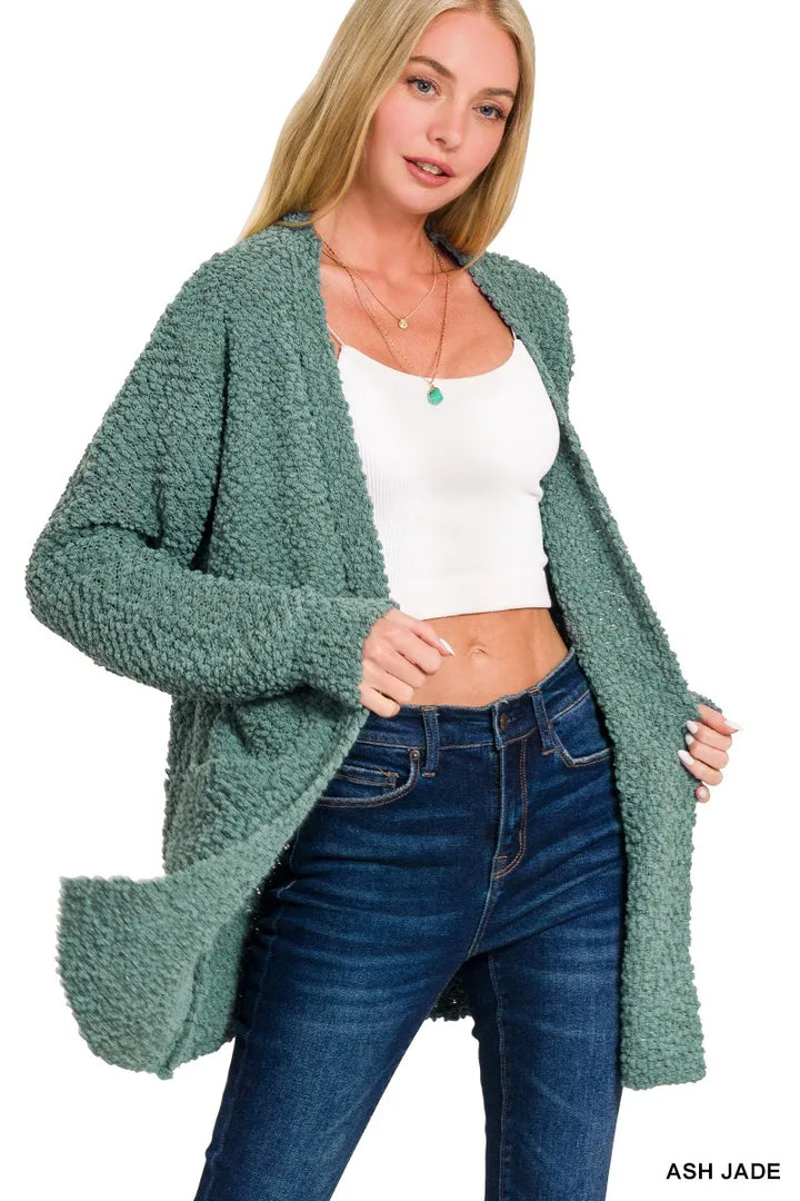 Zenana Long Sleeve Popcorn Sweater Cardigan with Pockets Cardigans
