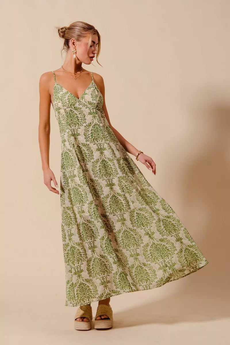 SO ME damask floral sage green maxi dress with open back
