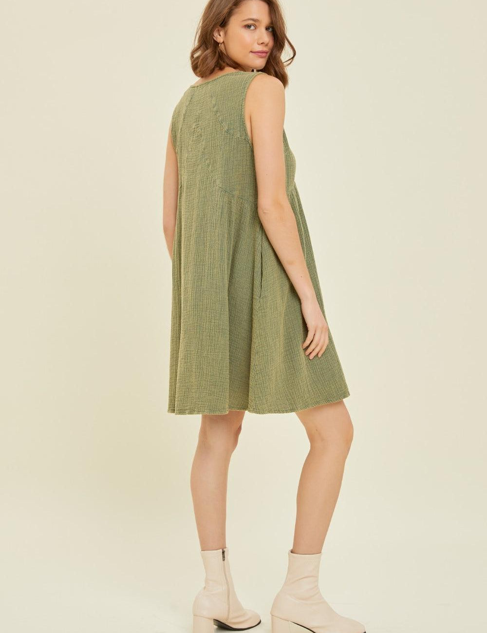 HEYSON Full Size Texture V-Neck Sleeveless Flare Mini Dress