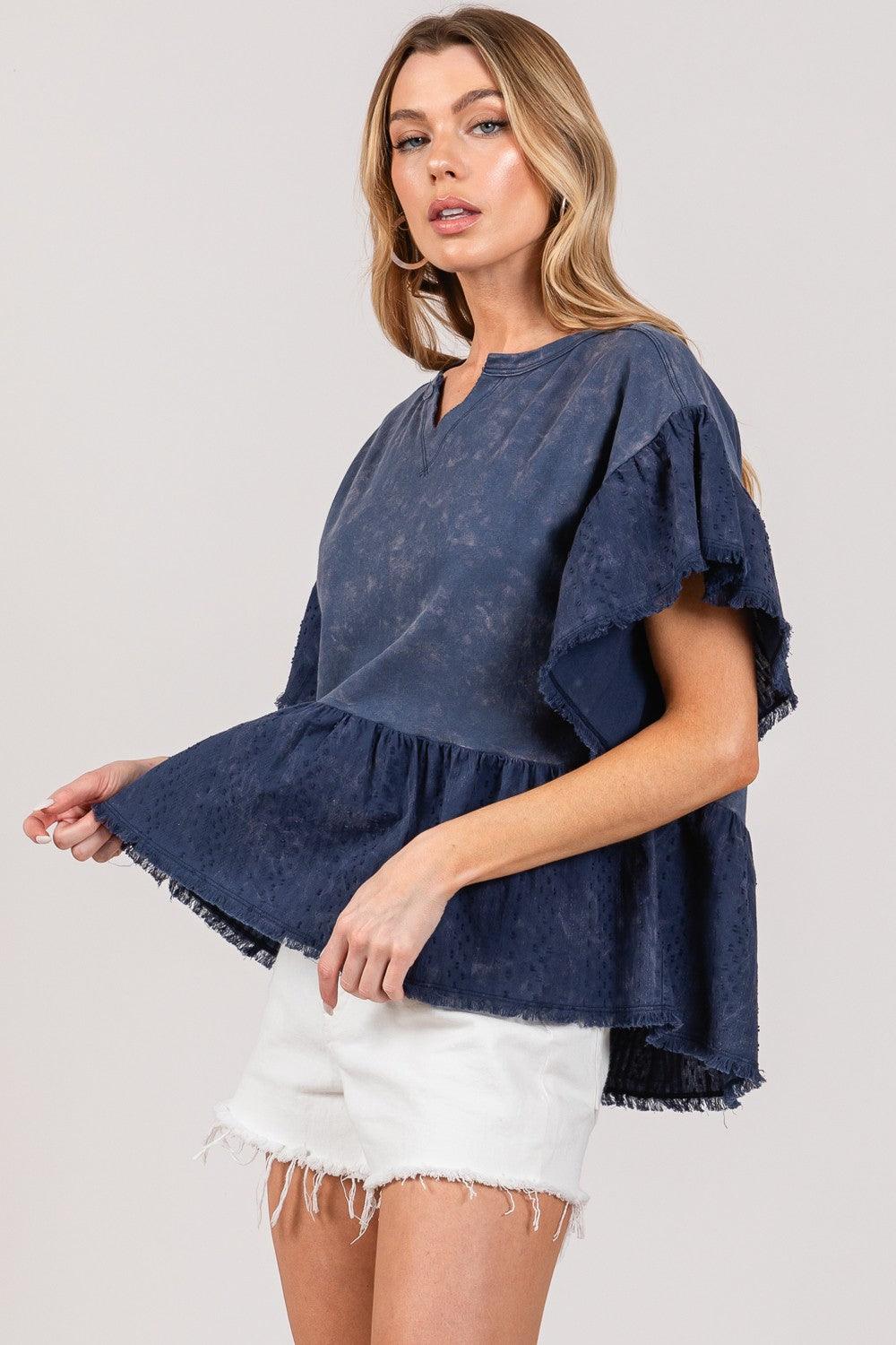 SAGE + FIG Ruffle Sleeve Washed Short Sleeve Blouse Blouses