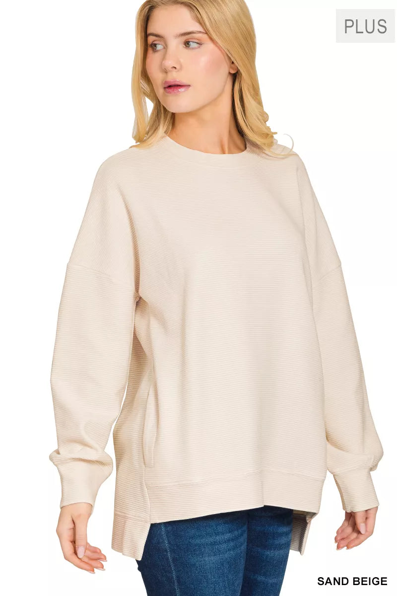 Zenana Full Size Acid Washed Double Ribbed Hi-low Sweatshirt Plus Size | Daverri Fashions