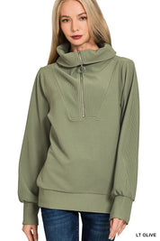 Zenana Ribbed High Neck Half Zip Pullover & Pants Set | Loungewear Sets Daverri Fashions