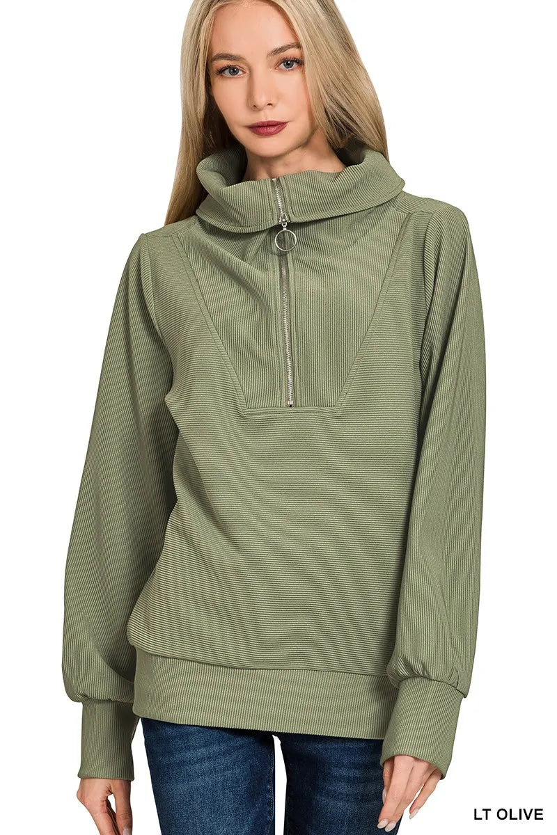 Zenana Ribbed High Neck Half Zip Pullover & Pants Set Outfit Sets