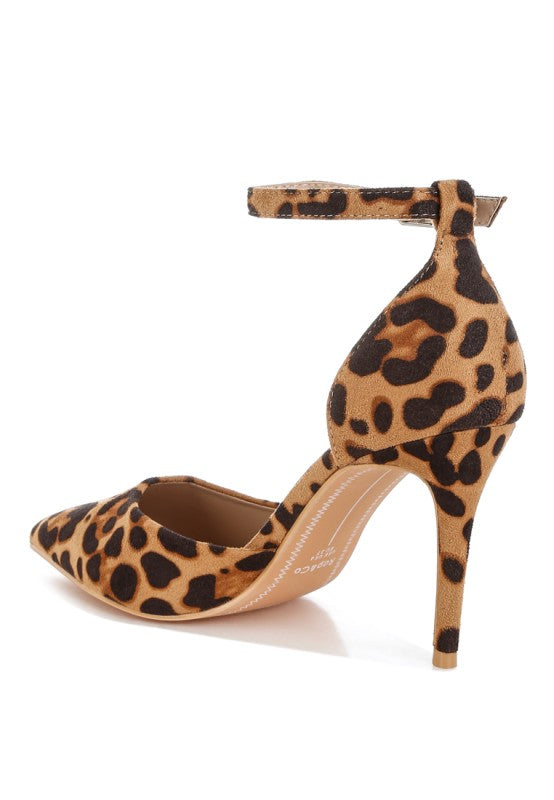 Leopard-print suede stiletto heel pump with ankle strap