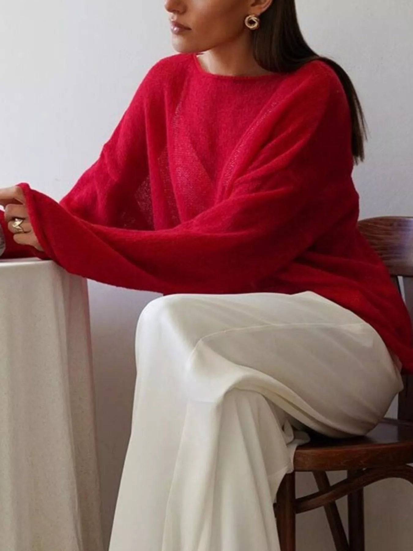Vibrant red boat neck dropped shoulder loose-knit sweater