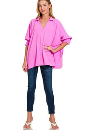 Zenana Airflow Collar Tee with Smocked Sleeve Band Top | Tops Daverri Fashions