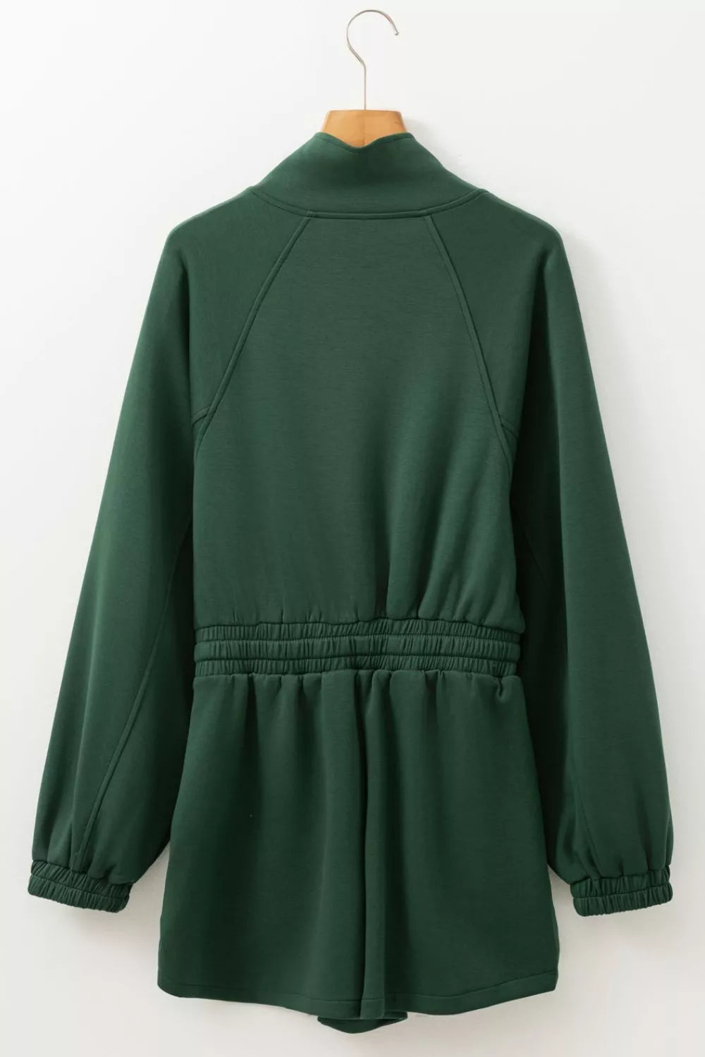 Dark green Daverri drawstring half zip long sleeve romper back view