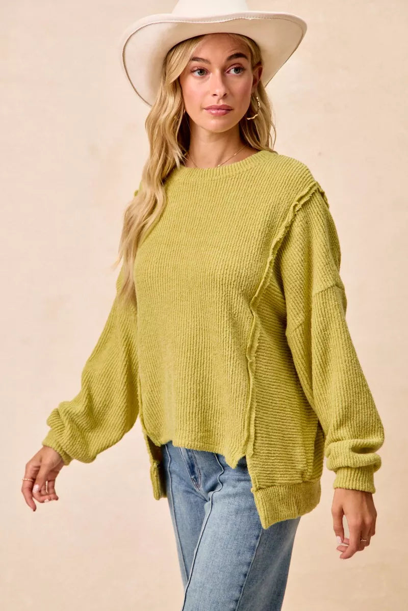 BiBi boucle rib knit sweater in soft lime-green with uneven frayed hem
