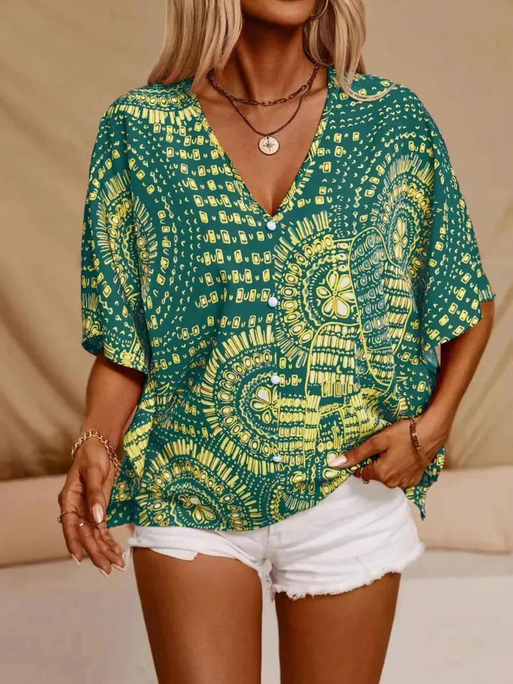 Printed V-Neck Half Sleeve Top | Blouses Daverri Fashions