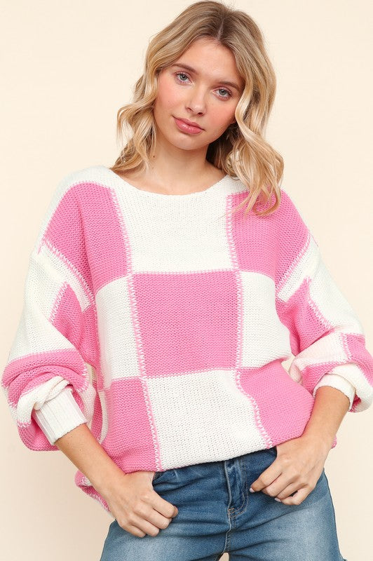 Checkered Round Neck Drop Shoulder Sweater Pink Ivory Sweaters