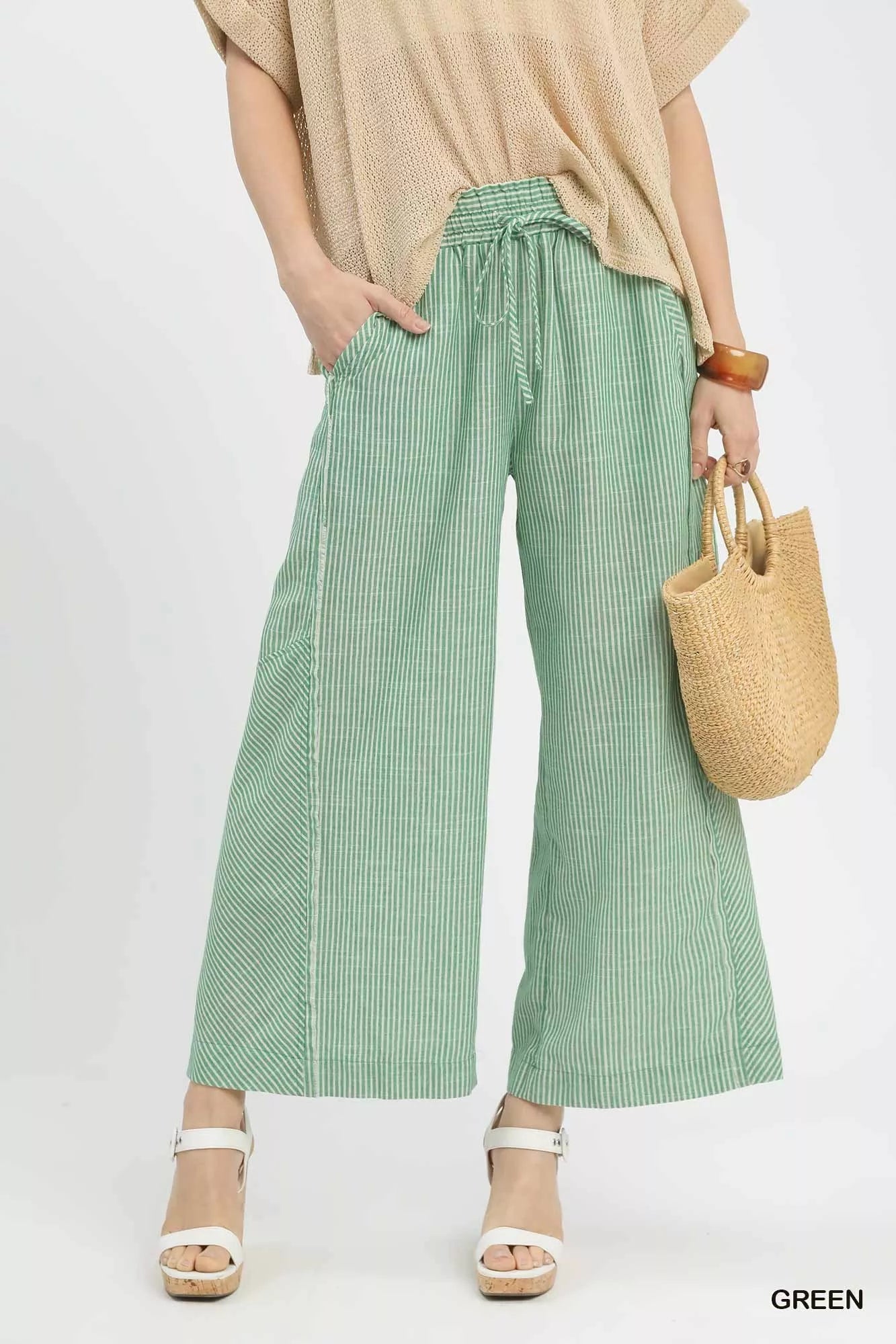 Umgee linen blend green striped wide-leg pants with drawstring waistband
