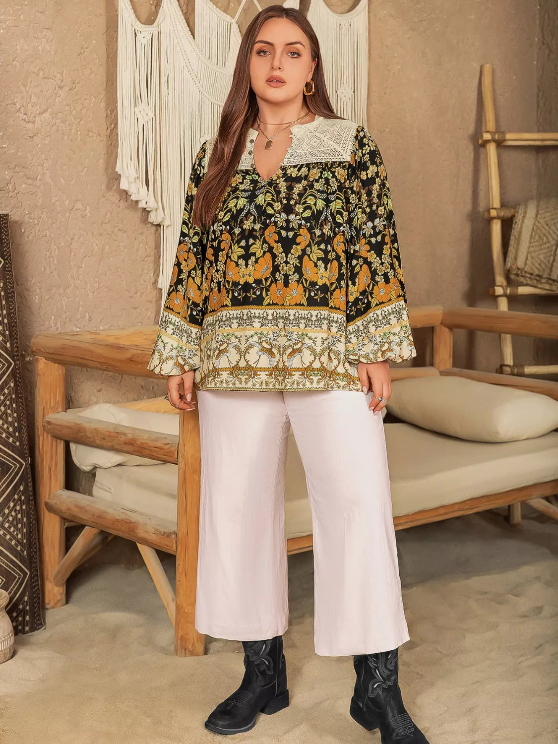 Plus size black gold cream floral print blouse with lace collar