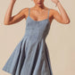 SO ME light-wash denim A-line fit and flare mini dress with thin straps